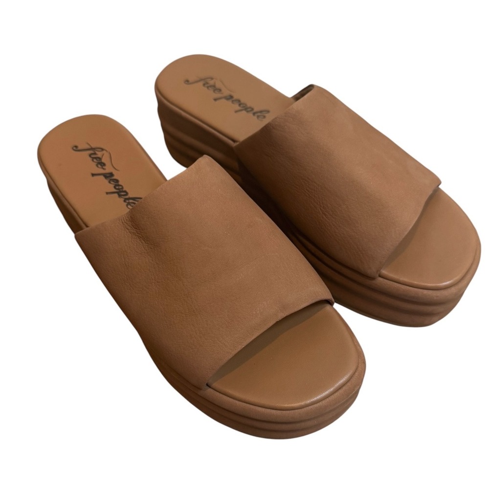 Free People Tan Leather Platform Slide Sandals Wedge Open Toe Womens 8